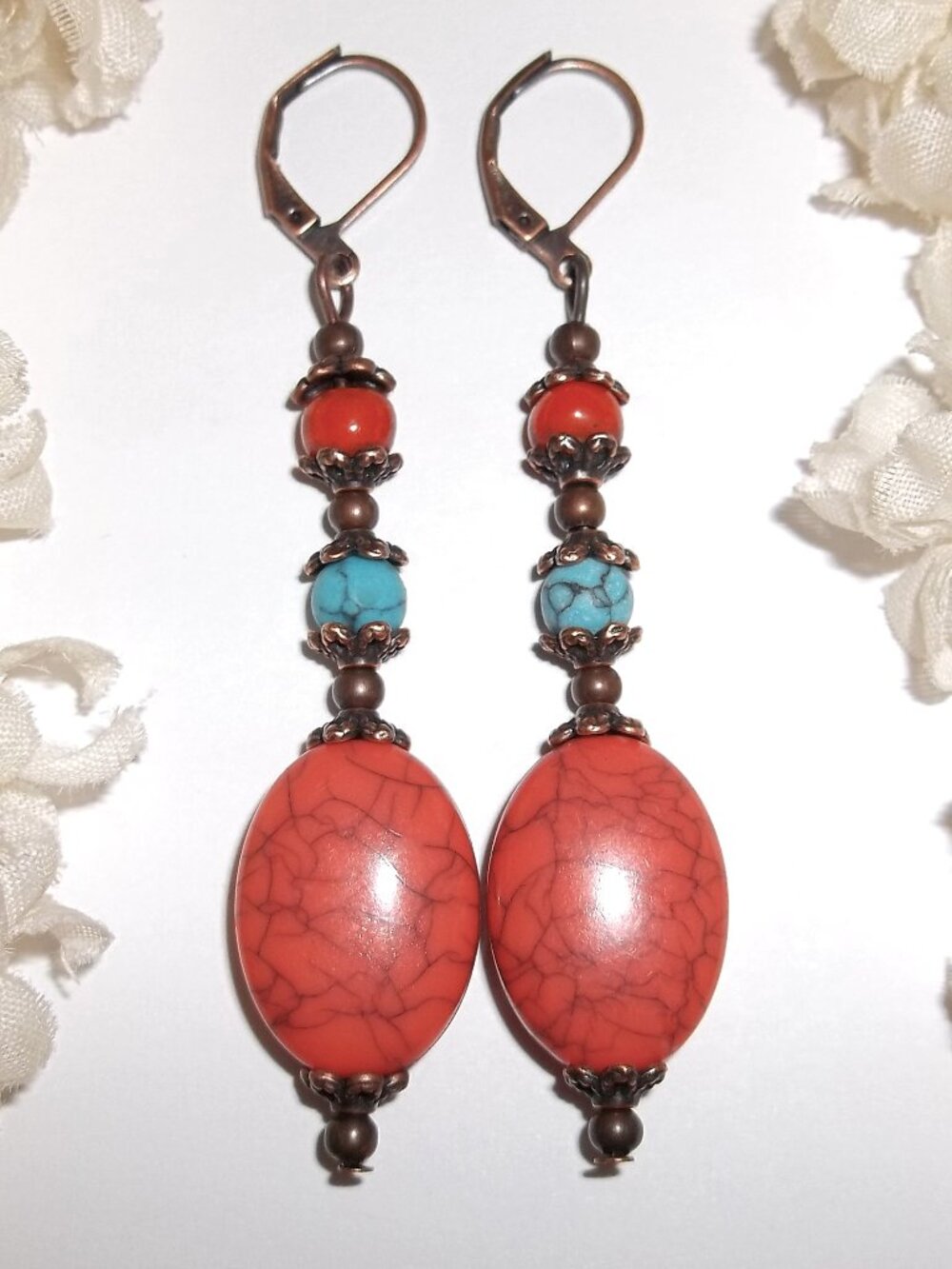 Boho Earrings Orange Turquoise Blue Copper Statement Dangle Drop Beaded Woman F2